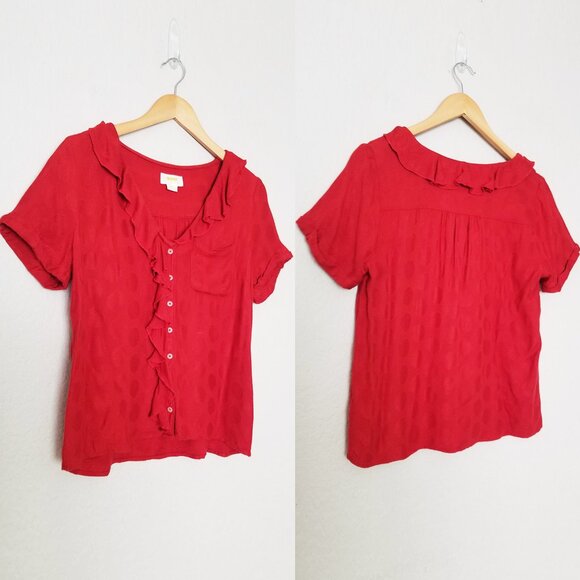 Anthropologie Maeve Jojo Ruffle V Neck Blouse Top S Red Dots Button Front Sweet - Picture 11 of 14